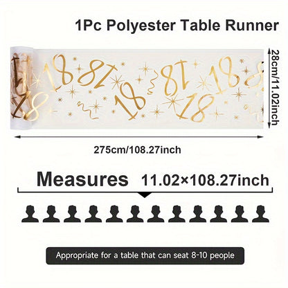 Polyester table runner with golden stamping for milestone celebrations. Perfect for anniversaries, retirement parties, and milestone birthdays. Comes in a rectangular shape.