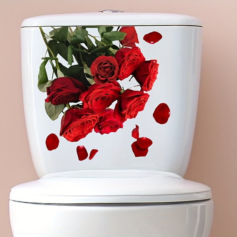 Red rose pattern toilet lid decal for stylish bathroom decor.