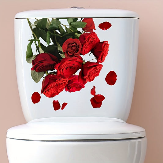 Red rose pattern toilet lid decal for stylish bathroom decor.