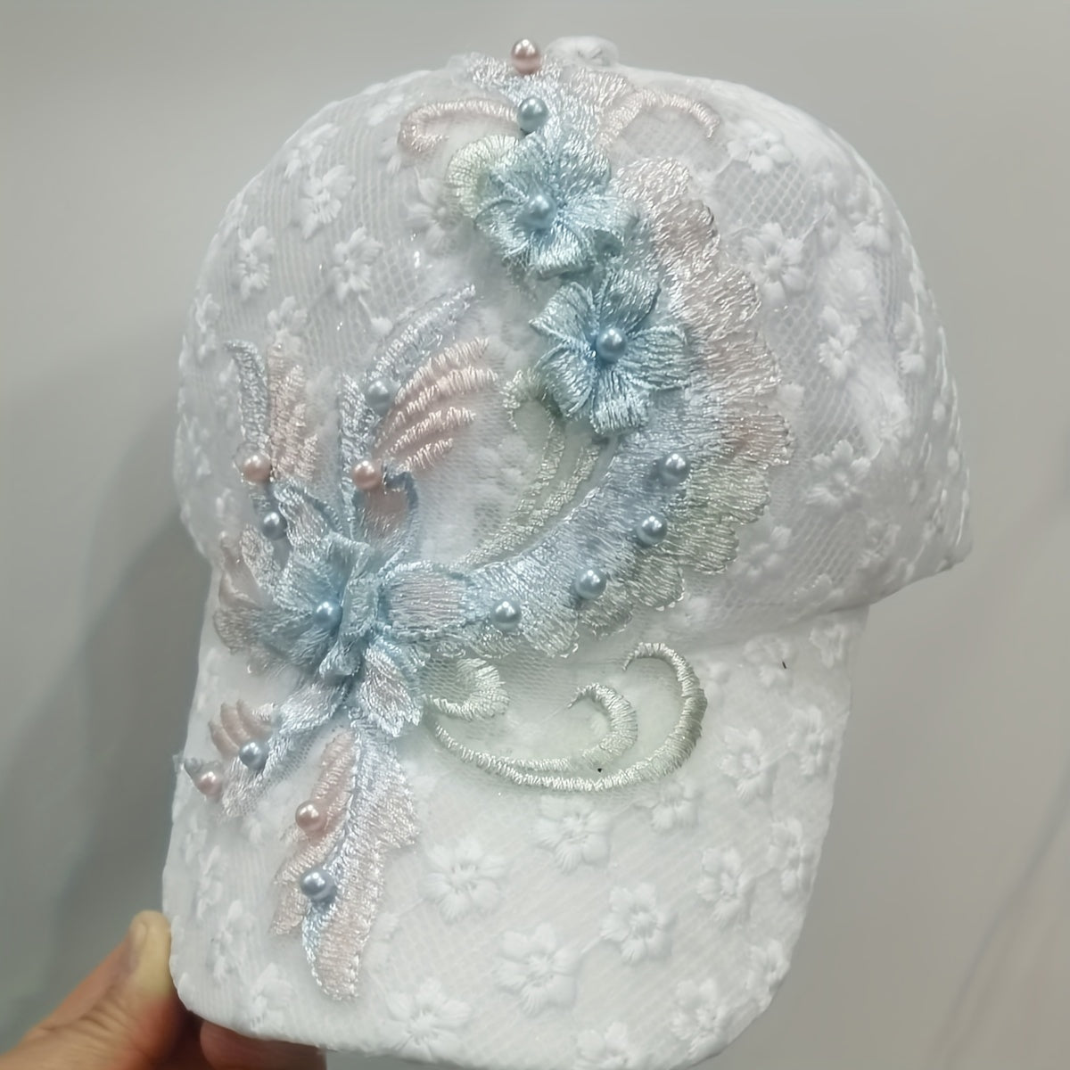 Flower Embroidery Mesh Trucker Hat with Faux Pearl Decor and Elegant Lace for Women