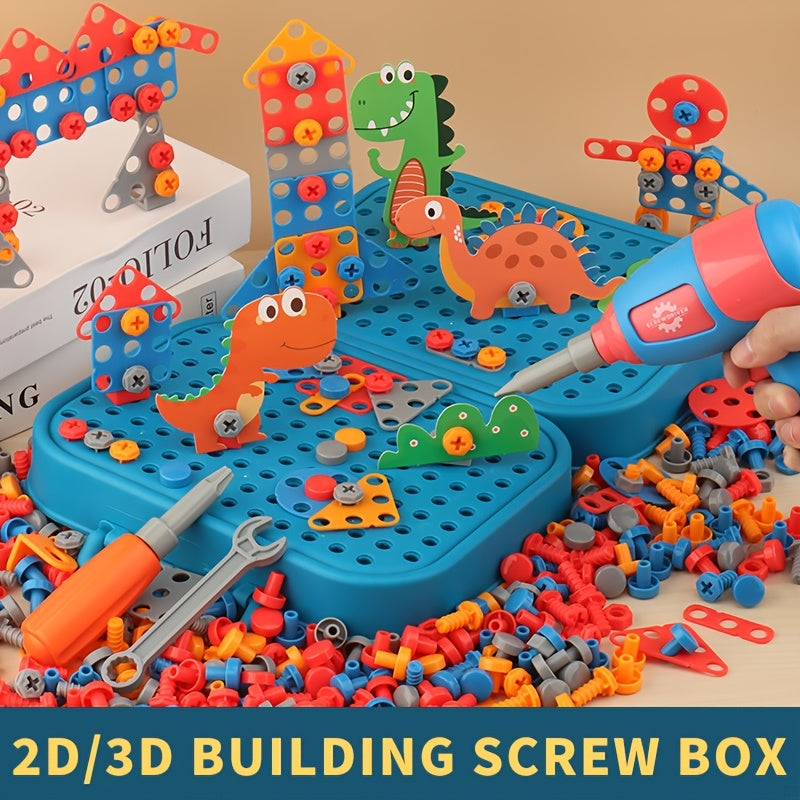 Green 3D DIY Screw Box Set for Ages 3+, Includes Drill and Screwdriver for Hands-On Building.