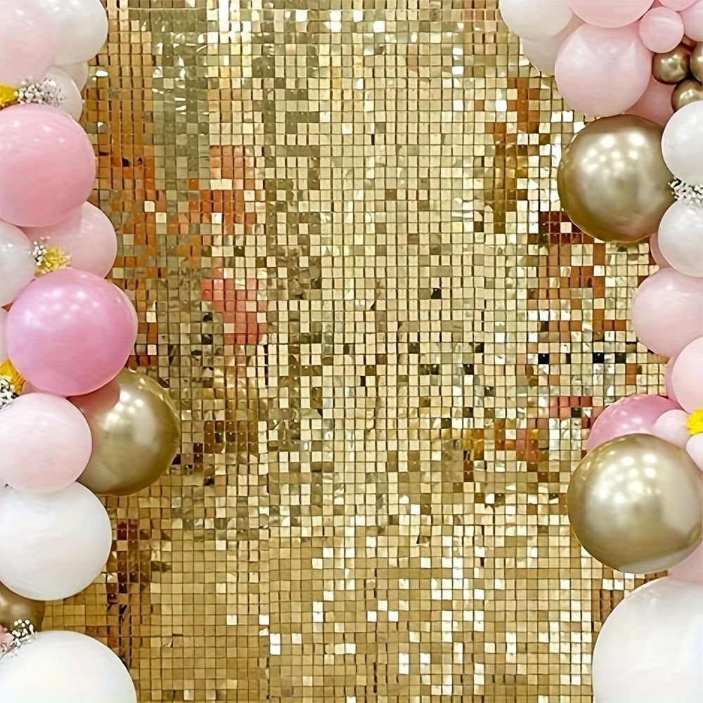 Golden sequin rain curtain for parties, no power required, ideal for birthdays and weddings.