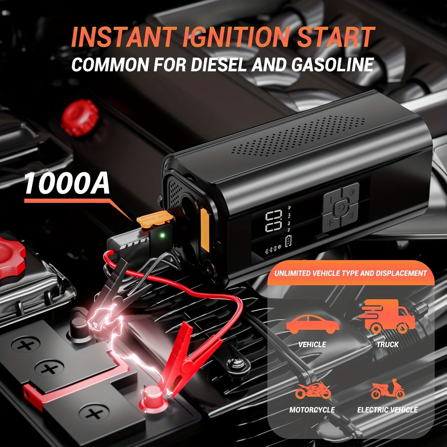 12V Air Compressor & Car Jump Starter with 10,000mAh Power Bank