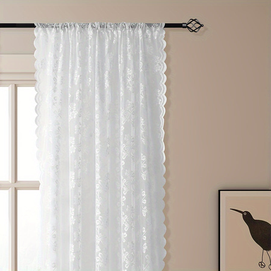 Elegantly designed Korean-style floral lace sheer curtain features a rod pocket design for easy hanging. Provides UV protection and is perfect for adding a touch of sophistication to living room and balcony decor.