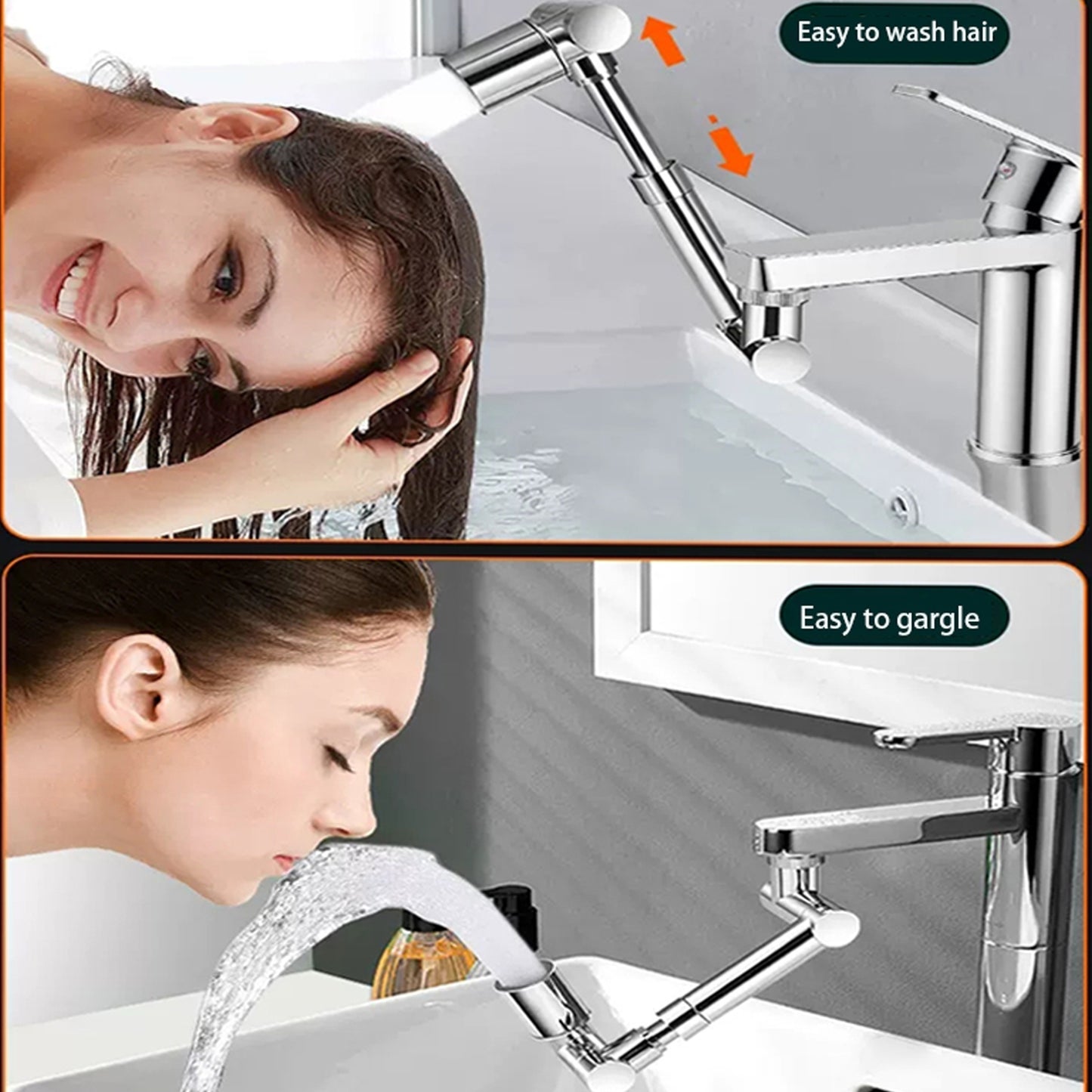 Rotatable faucet spout adapter with 360-degree swivel and 1080-degree tilt, made of durable plastic. No electricity required, ideal for bathroom sinks.