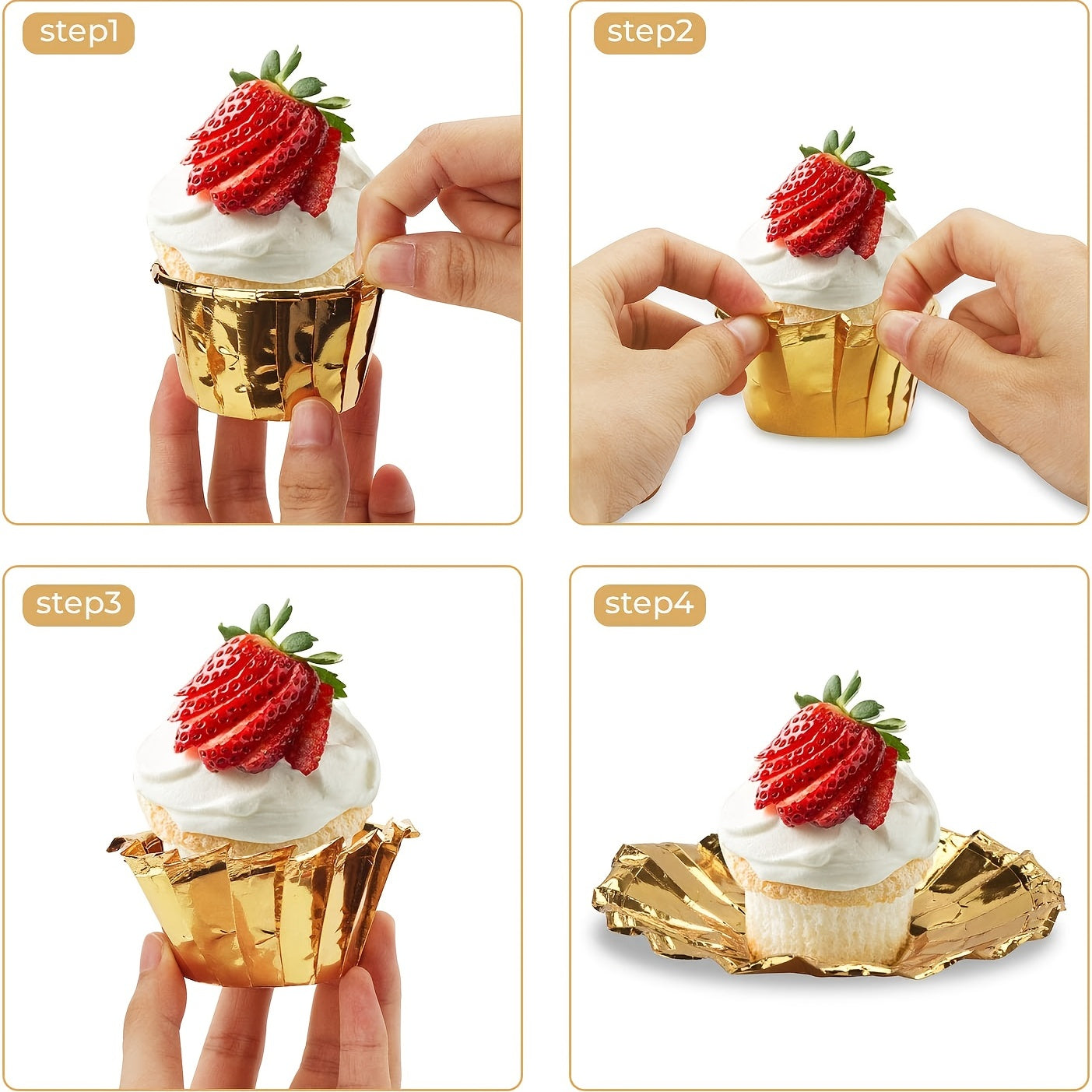 50 pieces of Golden Baking Cups - Disposable Ramekin Muffin Cups for Convenient Baking and Serving - Aluminum Cupcake Cups with Handy Pan Holders - Ideal for Small Foil Cups