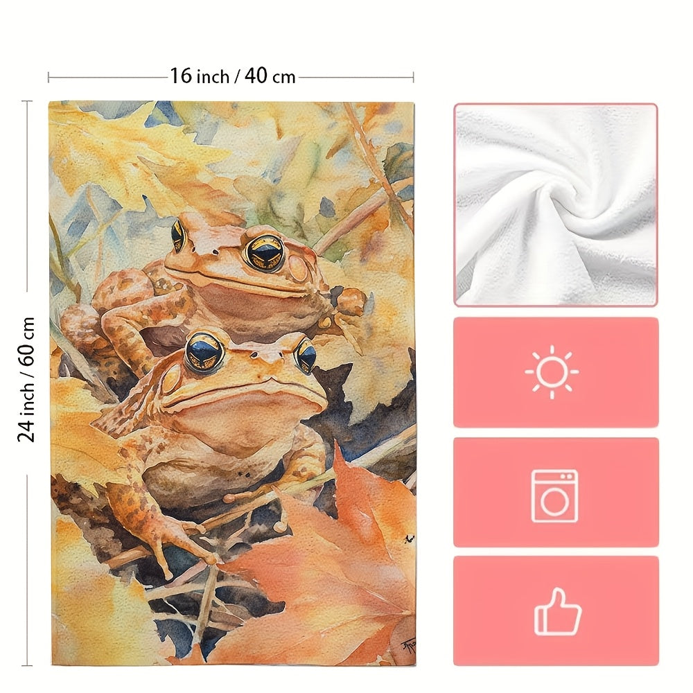 Set of 2 Ultra Soft Kitchen Towels featuring "Hopped Through the Garden" Toad & Autumn Leaves Design. These towels are highly absorbent, machine washable dish hand towels measuring 40.64x60.96 cm. Perfect for your holiday decor or as dish towels.