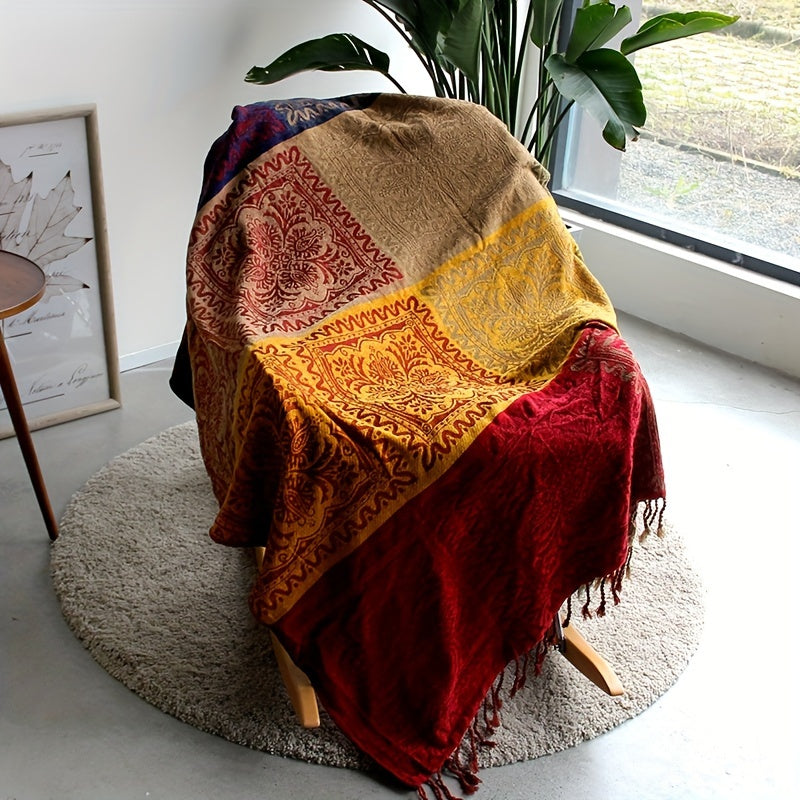 Boho jacquard chenille tassel blanket perfect for napping, cozying up on the sofa, or using as a casual bedspread.