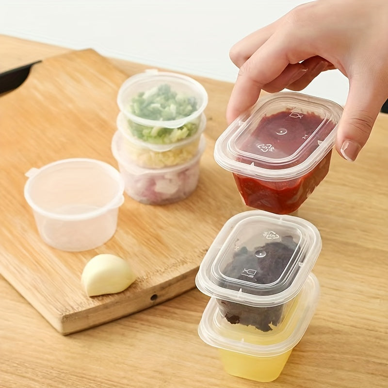 50 transparent disposable sauce boxes for takeout, packaging, and seasoning. These multipurpose food storage boxes come with covers.