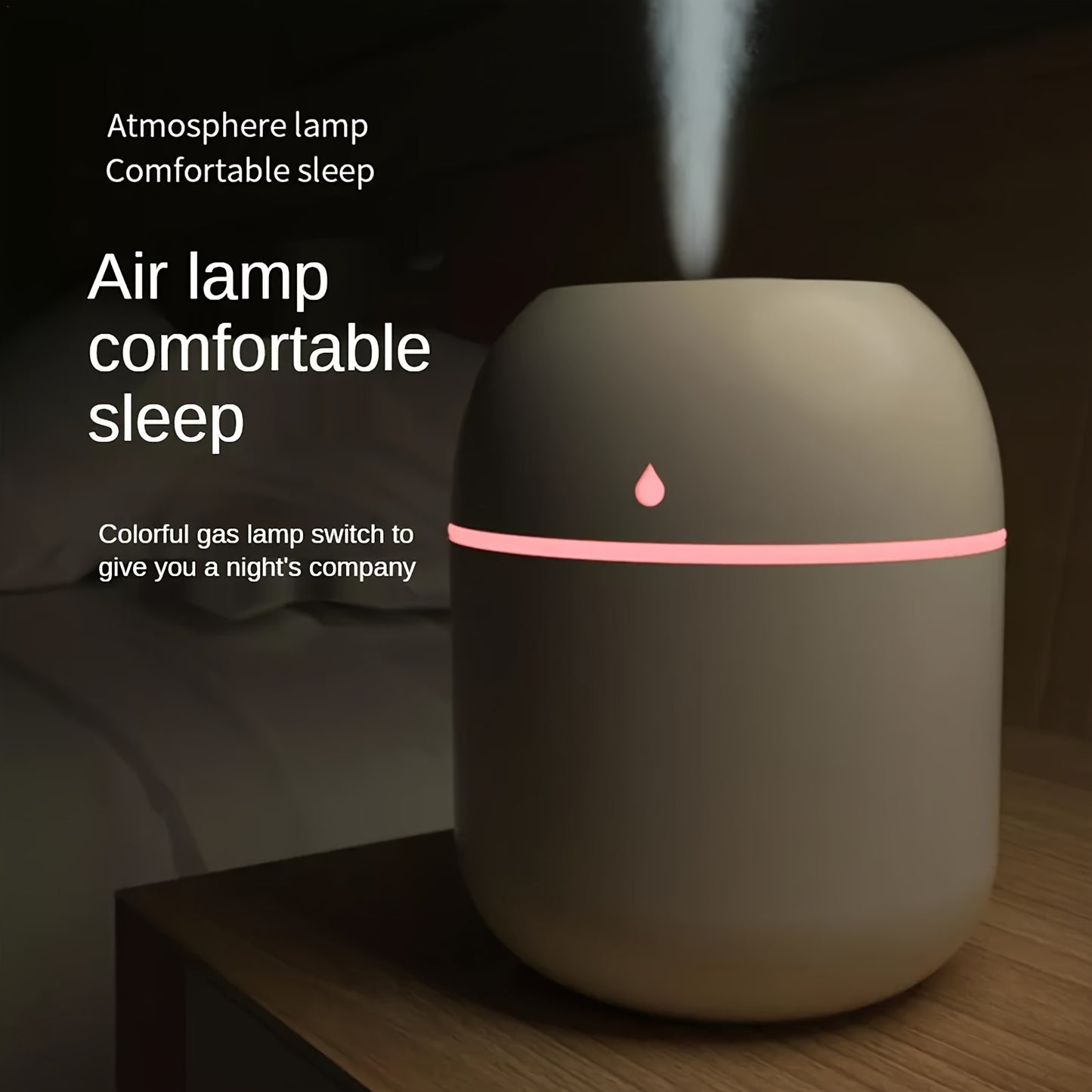 Portable cool mist humidifier with 7-color light and auto shut-off, ideal for travel, home, and bedroom.