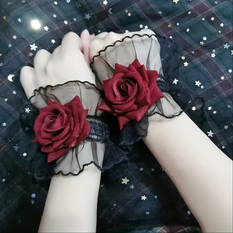 Dark Lolita lace wrist cover sleeve in wine red with rose flower design exudes sexy and elegant style.