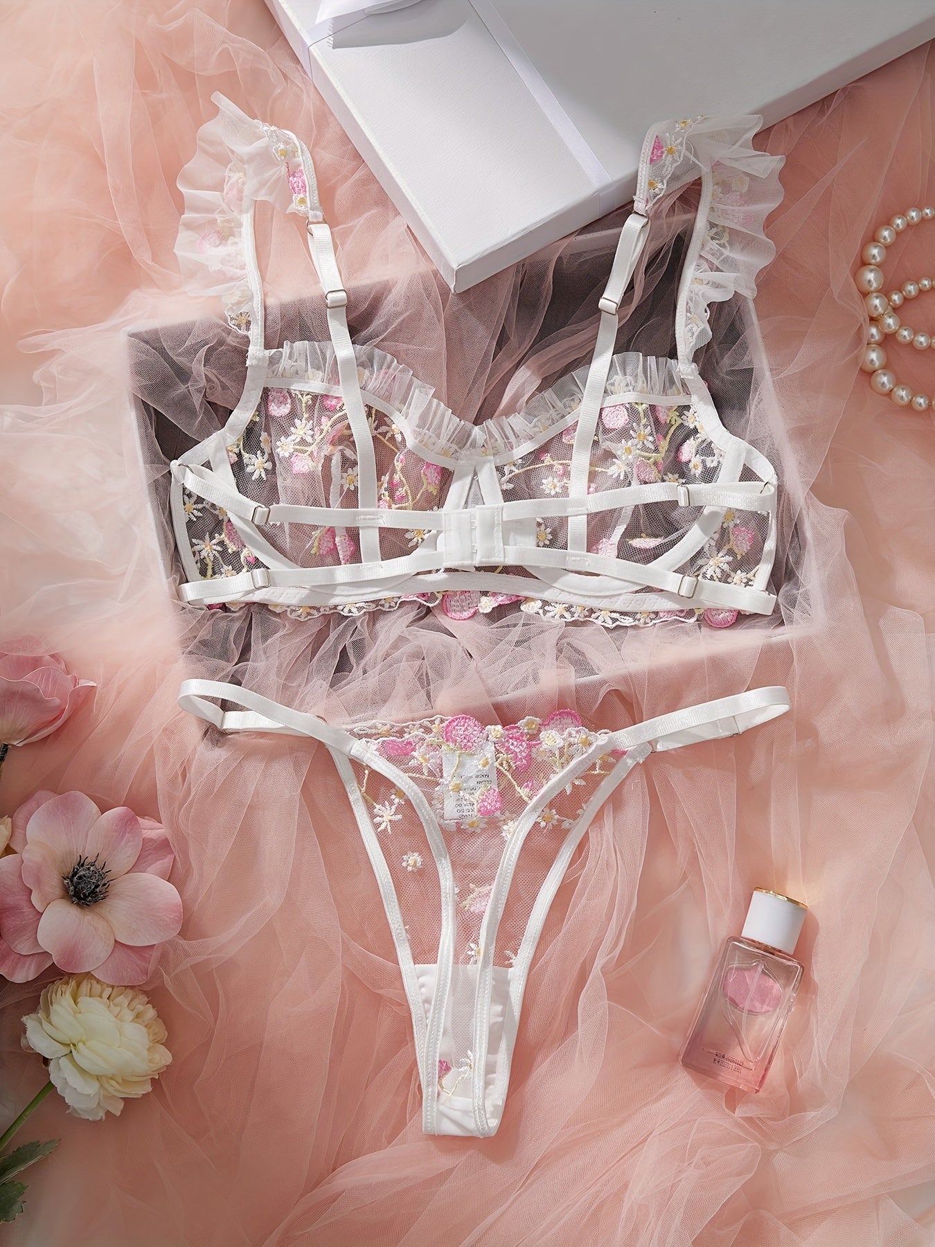 Flower design bra and thong set for women - sexy lingerie and underwear