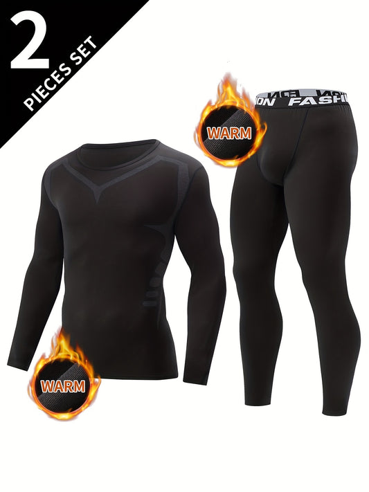 Men's 2-piece warm shaping suit for skiing and fitness, including top and pants for sports.