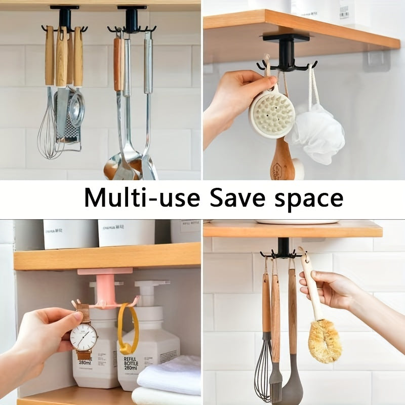 This self-adhesive plastic kitchen hook features 360-degree rotation and 6 hooks for versatile organization. Perfect for hanging cookware, handbags, clothes, and ties, this rectangular-shaped shelf is a must-have for home organization.