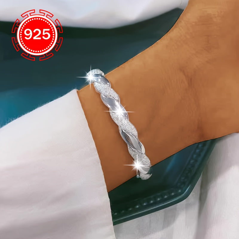 Fashionable and hypoallergenic 925 silver open bangle, featuring a unique interwoven design with a high-end feel. Perfect for couples or best friends, this bracelet makes a great gift for daily wear, weddings, banquets, beach vacations, Thanksgiving, and