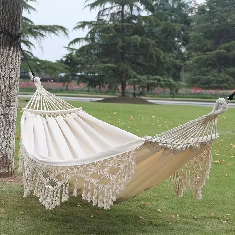 Tusheng Bohemian Style Hammock with Fringe, Cotton Blend Fabric, Thick Ropes, 204.12KG Capacity, Outdoor/ Garden/ Patio/ Wedding Decor, Includes Carry Bag.