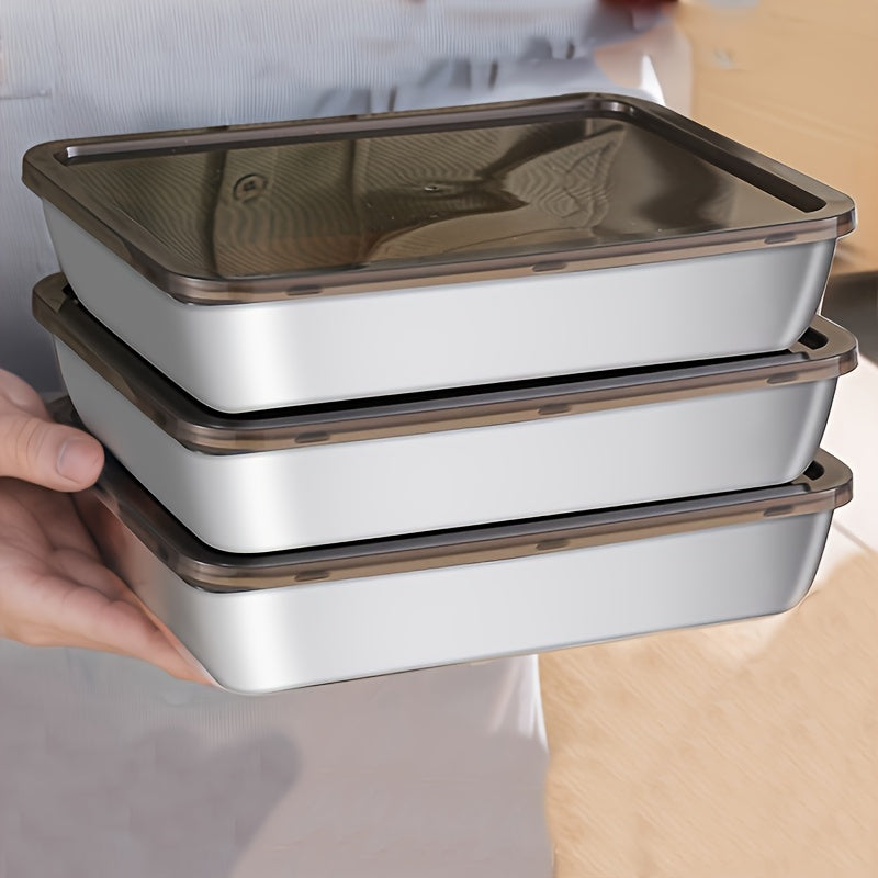 Set of 3 durable stainless steel food storage containers, leak-proof, BPA-free, microwave & freezer safe, shatterproof, multipurpose flip top rectangular kitchen organizers.