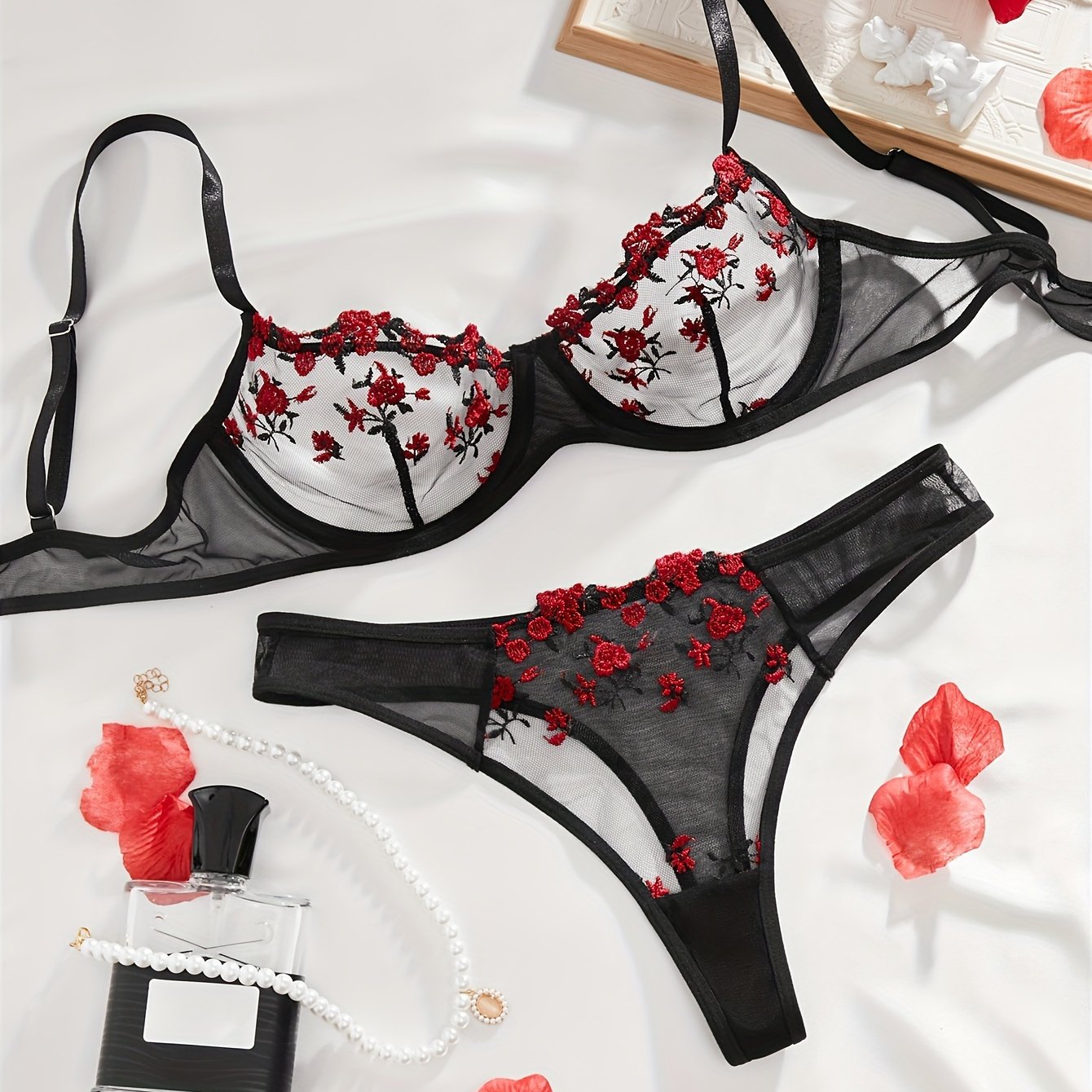 Flower lingerie set with semi-sheer mesh bra and matching cheeky panty for women's sexy underwear.