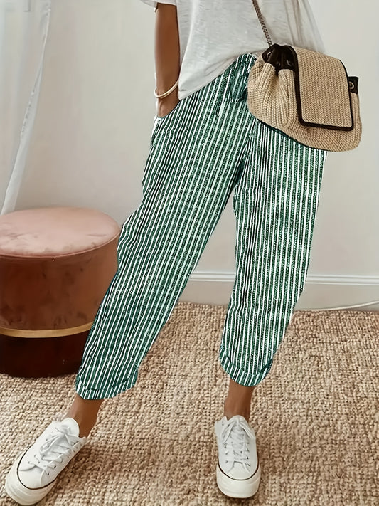 High-waisted, striped wide-leg pants for women made of lightweight polyester. Machine washable with side stripe detail for all-season comfort.