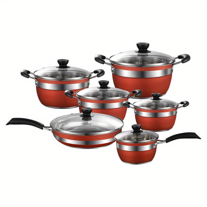 This set includes 12 pieces of stainless steel cookware, featuring an orange-red pot body. It includes 4 pots, 1 frying pan, 1 milk pot, and 6 lids. The pots have a thickened composite bottom and anti-burning ears. Perfect for family gatherings and