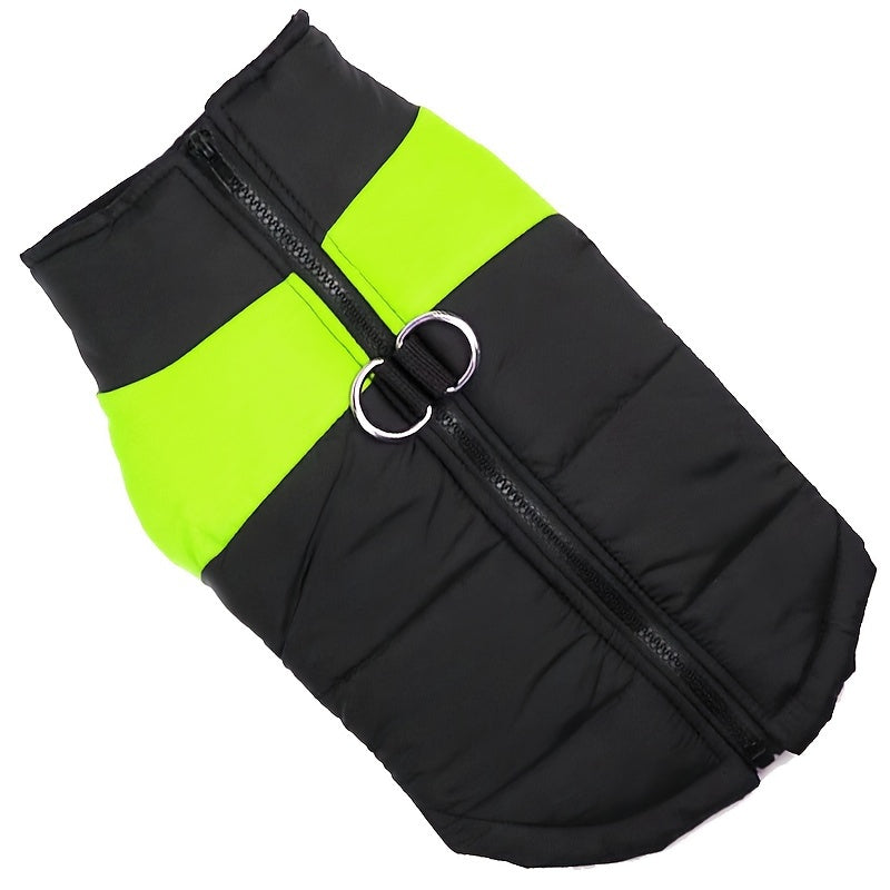 Winter dog jacket with zipper and leash loop for small to large breeds, ideal for cold weather outdoor activities.