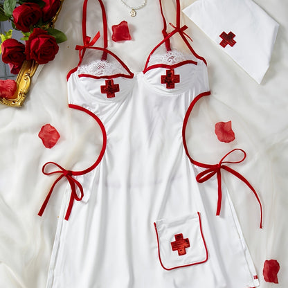 Sexy nurse cosplay costume with bow spaghetti strap design.