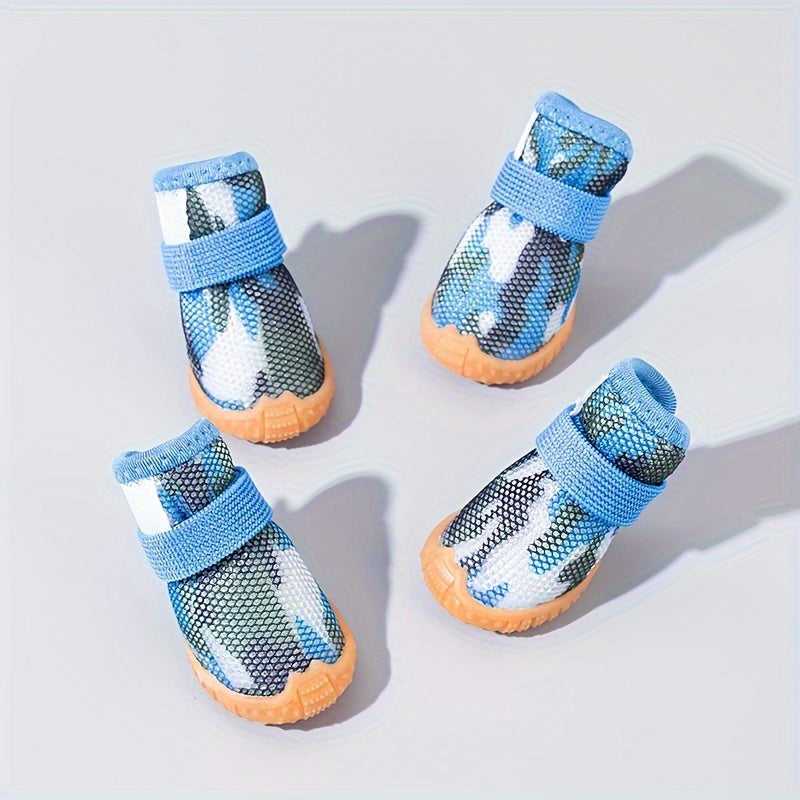 Four pairs of dog shoes suitable for all seasons, breathable, dirt-resistant, non-slip, elastic shoes for small dogs such as Pomeranians and Teddys.