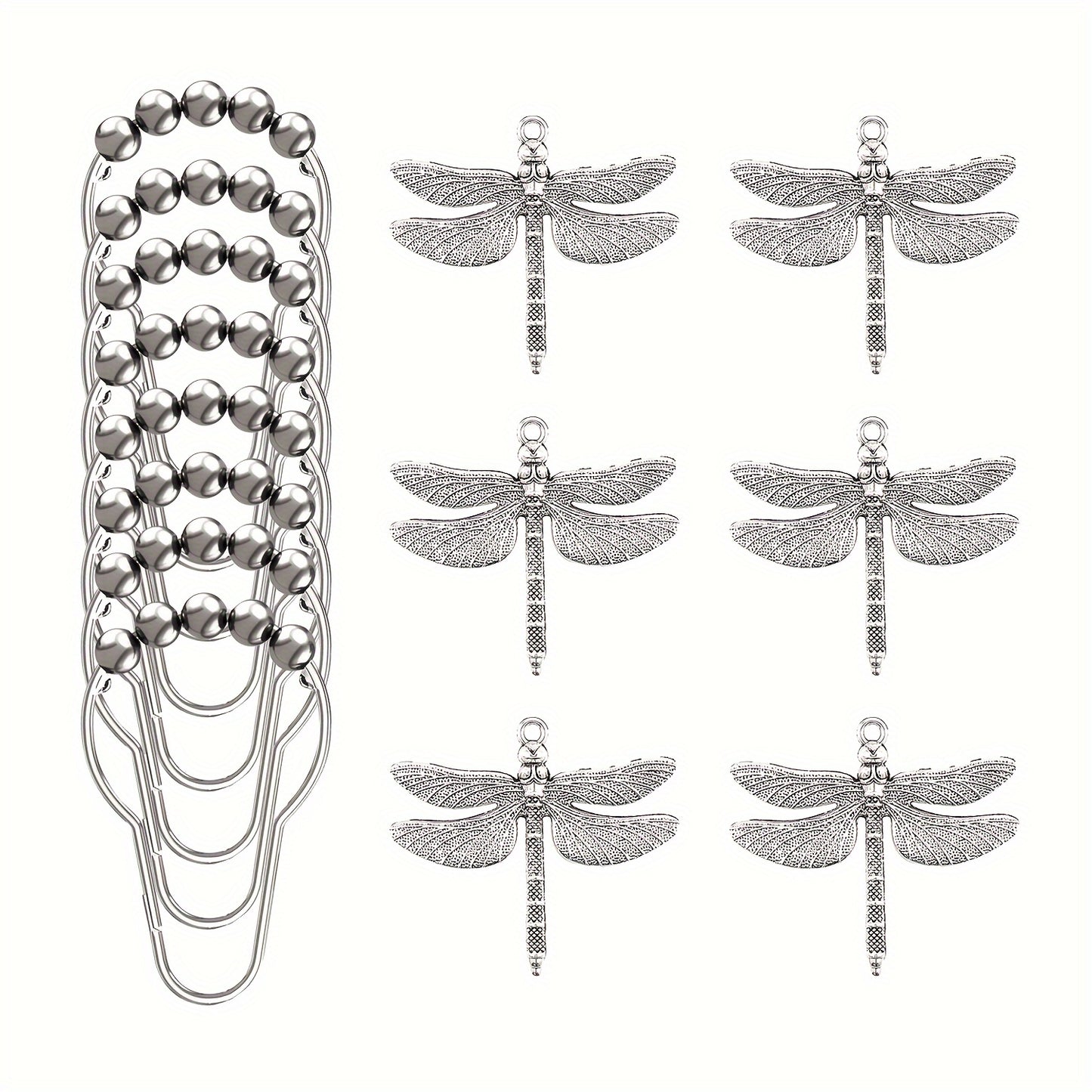 Dragonfly-themed shower curtain hooks, set of 12, made of rustproof metal with pearl accents. Waterproof, durable, and perfect for a nature-inspired bathroom decor. Coordinates with Dragonfly Shower Curtain.