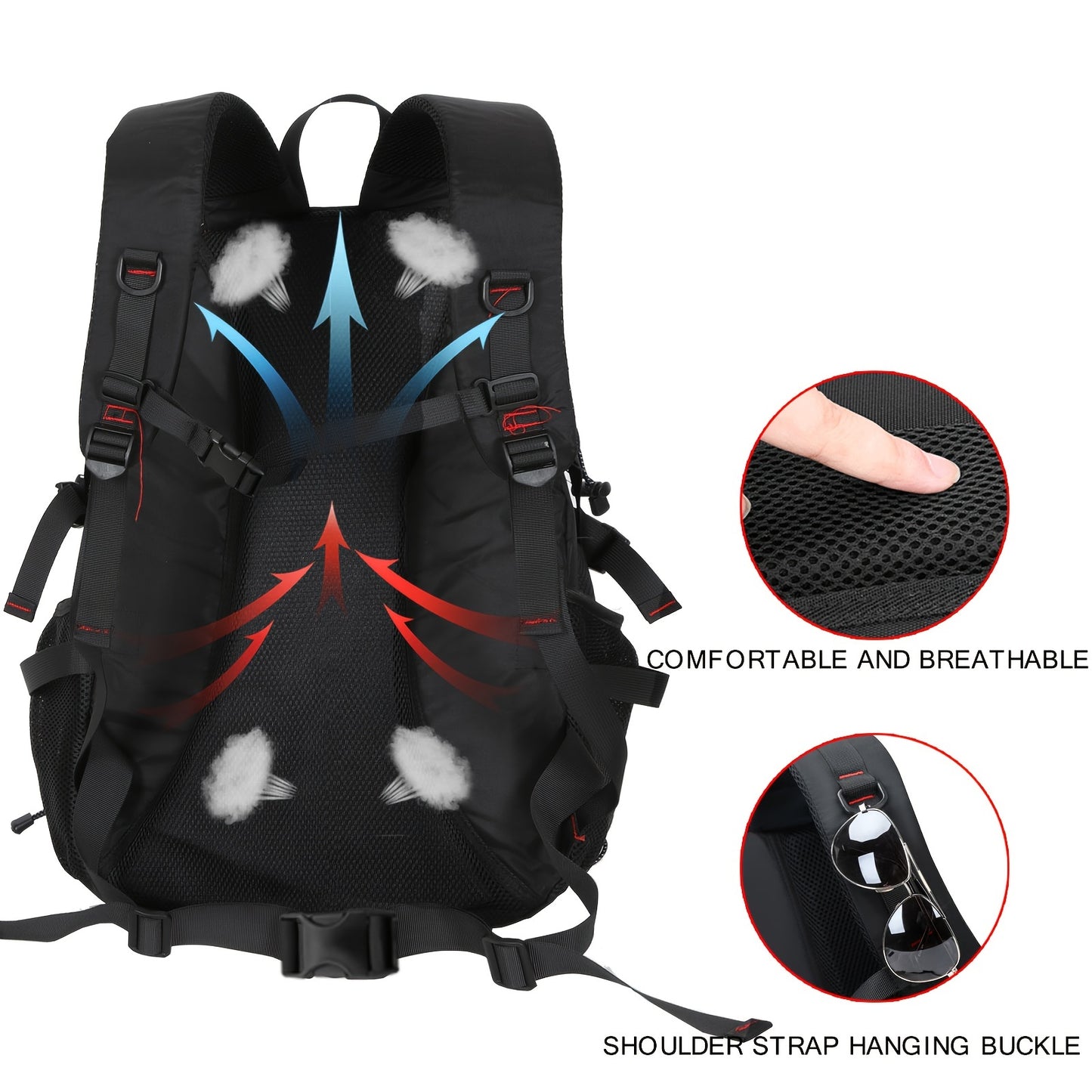 Durable polyester backpack with USB charging port, fits 17-inch laptop, ideal for hiking, camping, and travel.