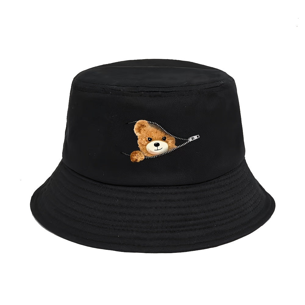 Polyester bucket hat with teddy bear print, ideal for outdoor activities. Made of knitted fabric, hand washable.