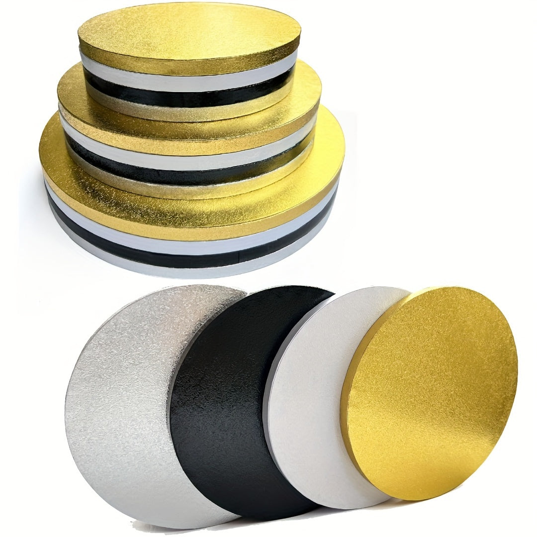 Thick Cake Drums in Various Sizes: Set of 1 Greaseproof Assorted Round Cake Drum Bases in Gold, Black, Silver, and White. Cardboard Boards for Presenting Heavy or Tall Tiered Cakes. Perfect for displaying elaborate cakes.