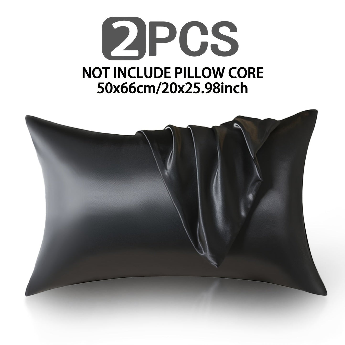 Two pieces of luxurious satin pillow covers measuring 50.8x66.04cm. These covers are silky soft, breathable, and skin-friendly with an envelope closure. They are machine washable and come in assorted colors (inserts not included).