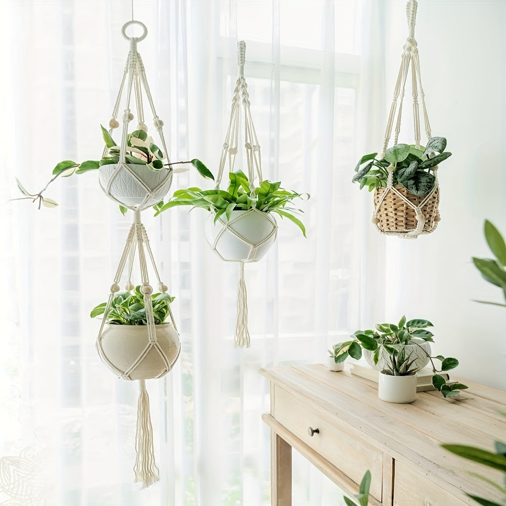 Macrame double plant hanger, indoor/outdoor use, 2 or 3 tier, cotton rope with beads, lengths 124.46 cm/177.8 cm.