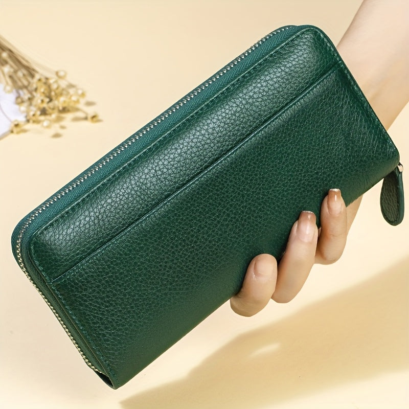 Women's Genuine Leather RFID Anti-theft Long Zipper Wallet with 19 card slots, 1 coin pocket, and 5 cash slots.