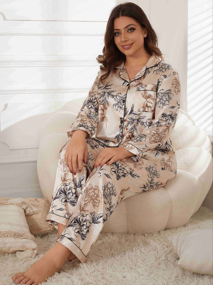 Plus size elegant loungewear set: Floral print long sleeve satin shirt and pants pajamas