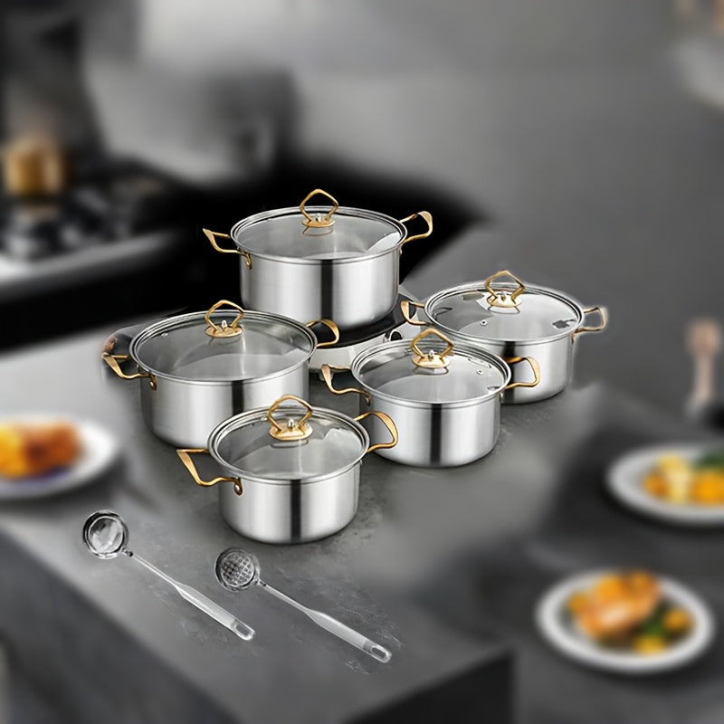 This 12-piece set includes a stainless steel stockpot with a single lid and double handles for easy grip. It comes with 5 pots, 5 pot lids, and two spoons, making it perfect for cooking soups, hot dishes, noodles, and seafood. This set is compatible with