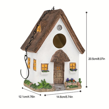 Wooden birdhouse with LED lights, ABS resin crafted, outdoor garden decor, winter nest for birds, hanging ornament.