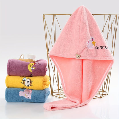 Ultra-absorbent microfiber hair towel wrap in cute cartoon designs - quick dry, lightweight shower cap for women. Available in blue, purple, yellow, pink. Soft and comfortable polyester blend.