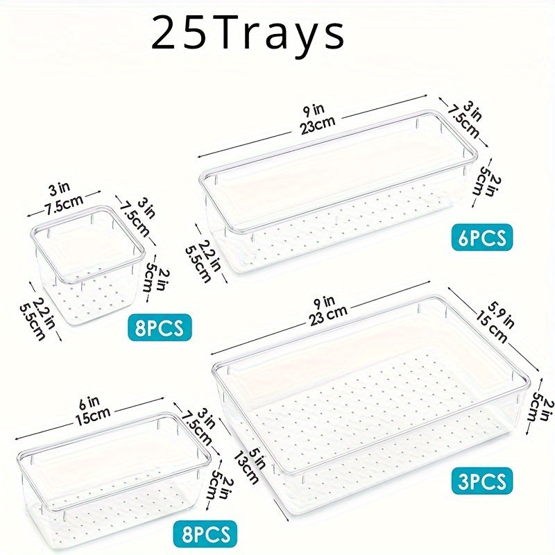 25-штучный набор прозрачных пластиковых органайзеров в 4 размерах для косметики, канцелярских принадлежностей и столовых приборов.