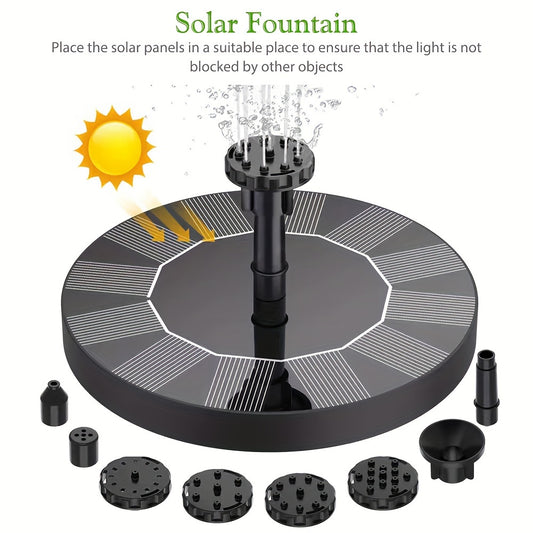 Solar fountain water pump with 6 nozzles for various outdoor decorations such as bird baths, ponds, gardens, and backyard aquariums.