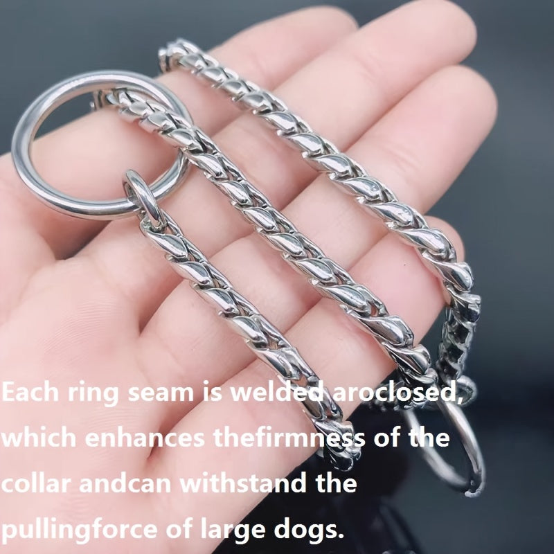 Durable stainless steel choke chain collar for dogs, ideal for training and walking. Hand-wash only.