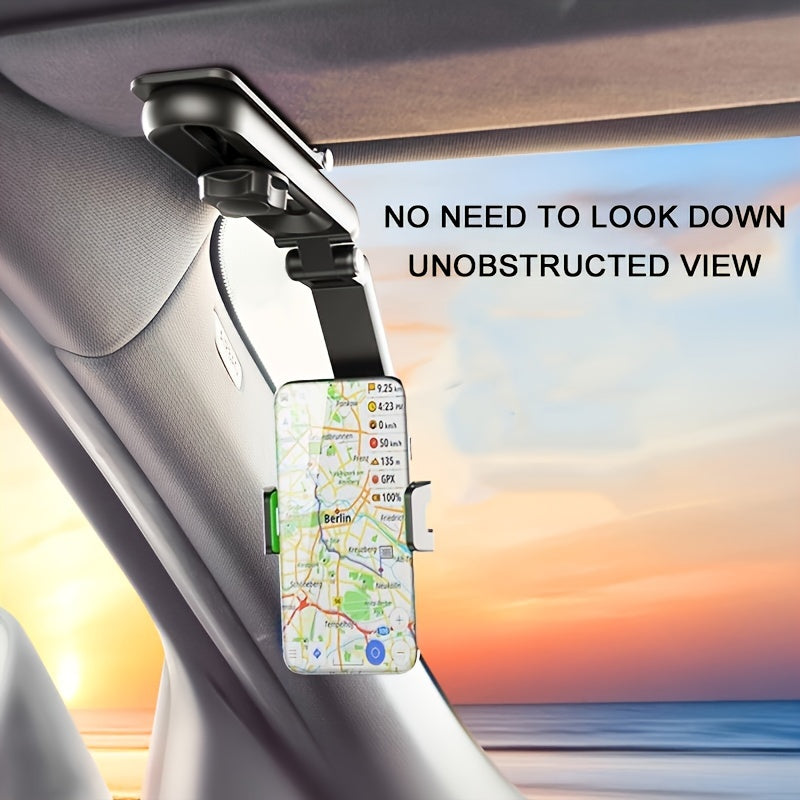 Rotatable car sun visor phone holder made of ABS material, compatible with dashboard and waterproof.