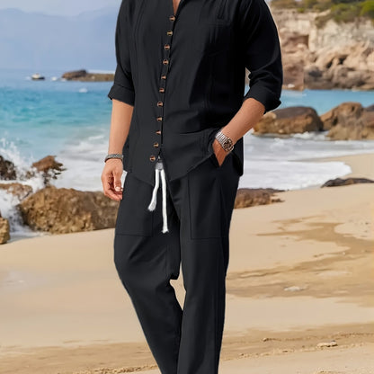 Men's Cotton Cuban Style Casual Suit for Spring and Autumn, Fashionable Two-Piece Set for the Beach.