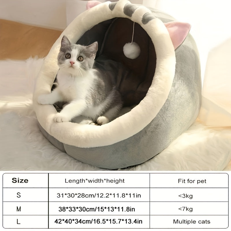 Plush cat house with cushion for all-sized cats, suitable for all seasons.