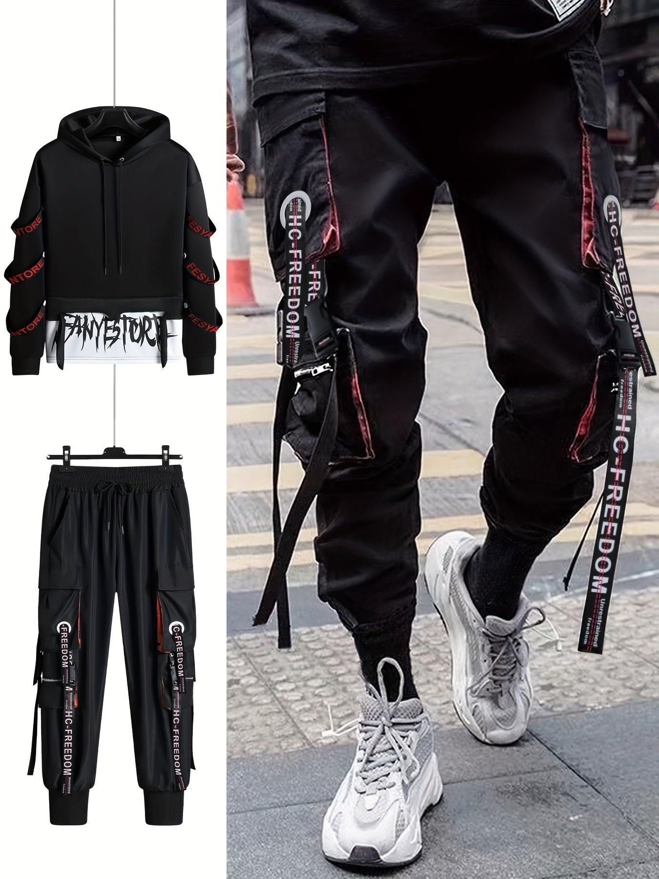 Men's casual sports outfit for autumn and winter with a stylish hoodie, tapered pants, and trendy multi-pocket work pants.