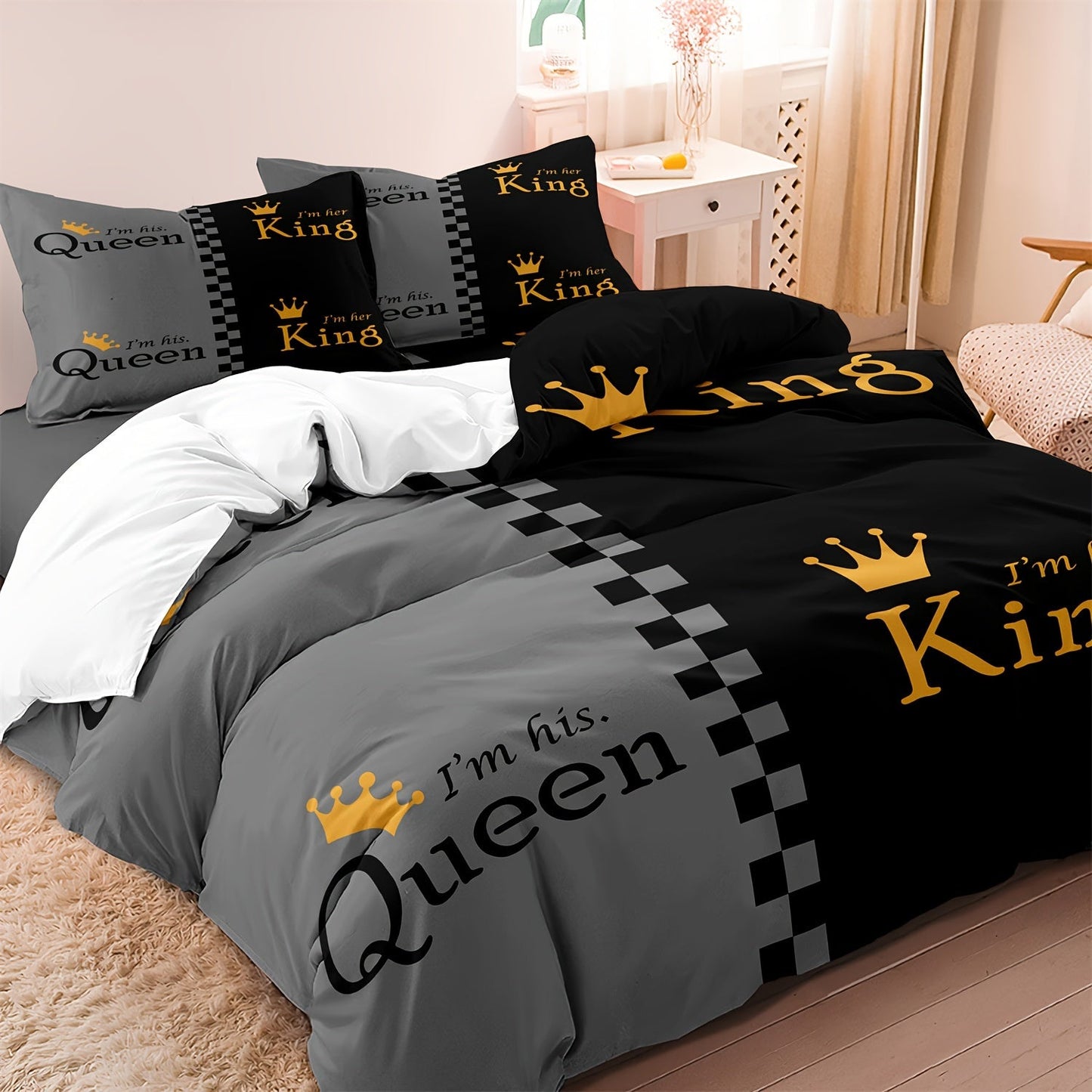 Get the stylish and comfortable 2/3pcs Black and Gray Crown Design Duvet Cover Set. Made of soft, breathable fabric, this set is perfect for both men and women. Choose from Twin, Full, Queen, or King sizes. The set includes 1 Duvet Cover and 1 or 2