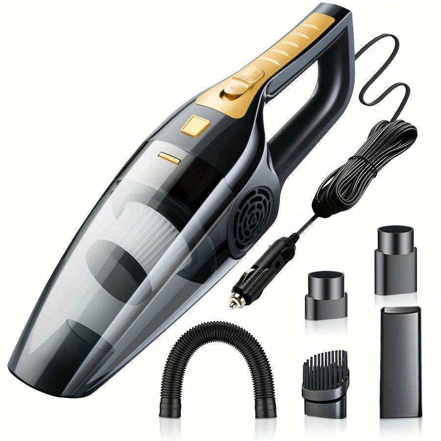 Powerful 12V car vacuum with strong suction for interior detailing, perfect for pet hair removal. Includes crevice tool kit, plugs into cigarette lighter with 3-5m cord. Great for cleaning