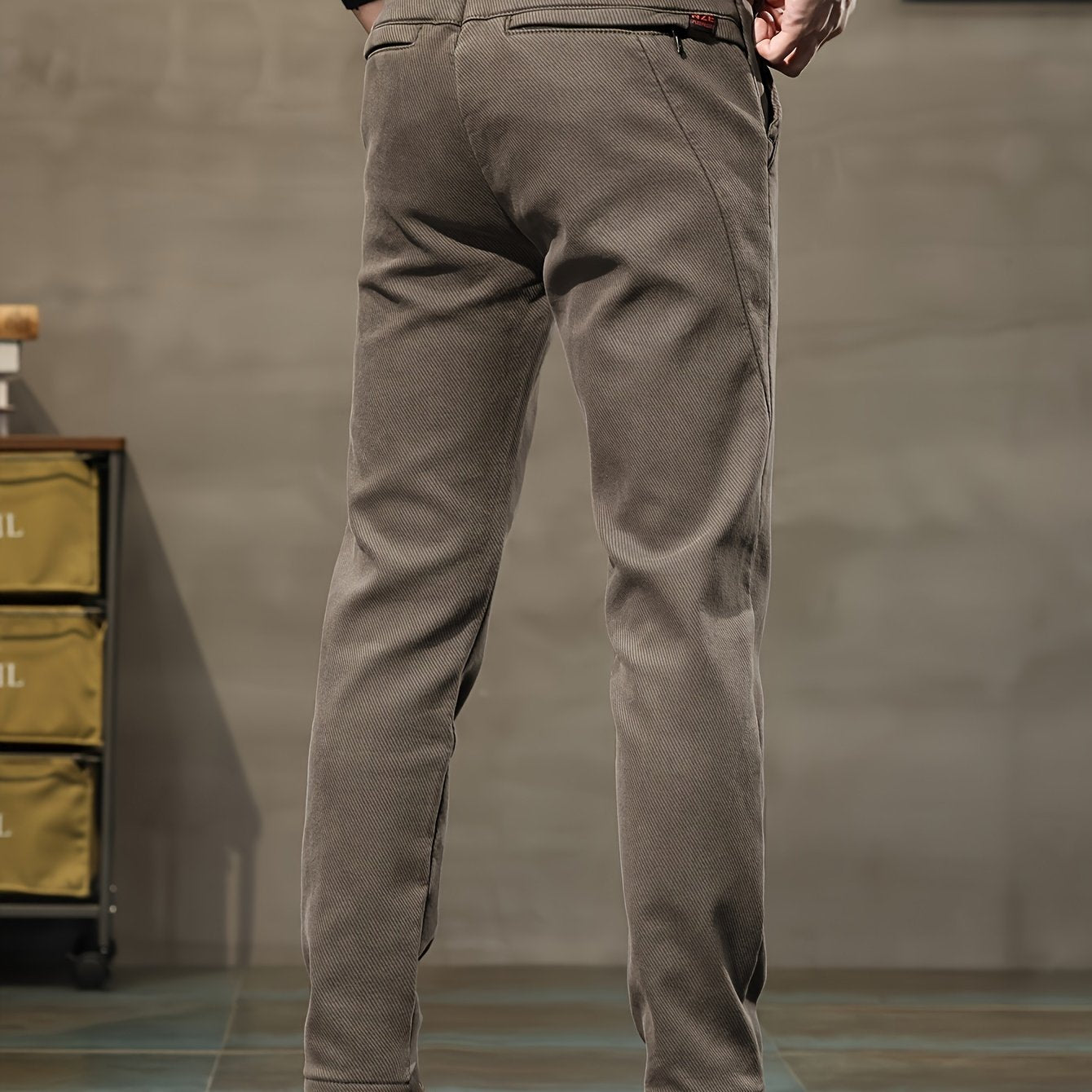 Men's slim fit casual pants made of trendy cotton blend with zipper design, suitable for all seasons.