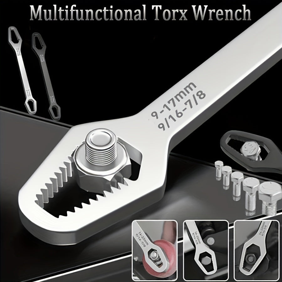 Portable iron wrench adjusts to fit keyholes from 3-17mm, ideal for automotive and home use.