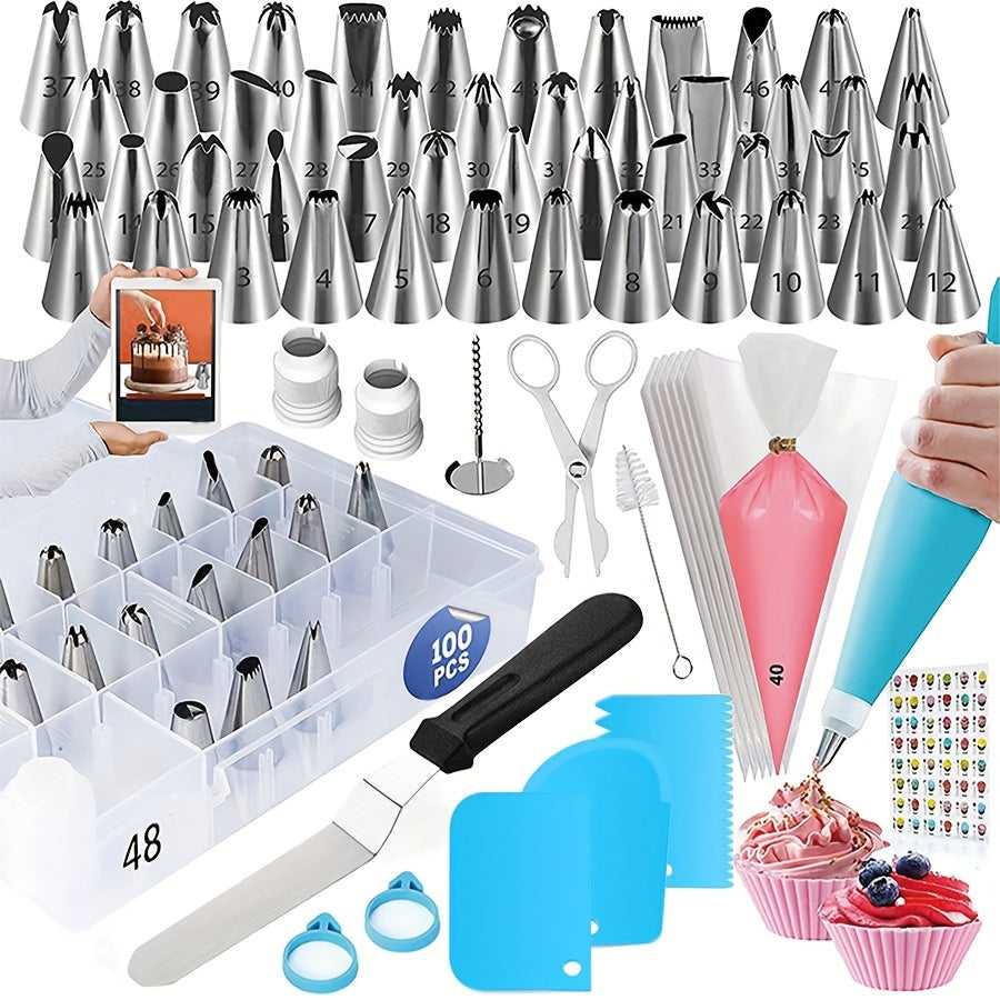 This cake decoration set includes 74 out of 100 pieces, featuring a variety of baking tools such as 48 stainless steel decorative tips, 50 thickening disposable decorative bags, cake scraper, spatula, recycling decorative bags, decorative scissors